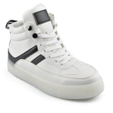 Mid Top White Leather Striped Sole Sneakers